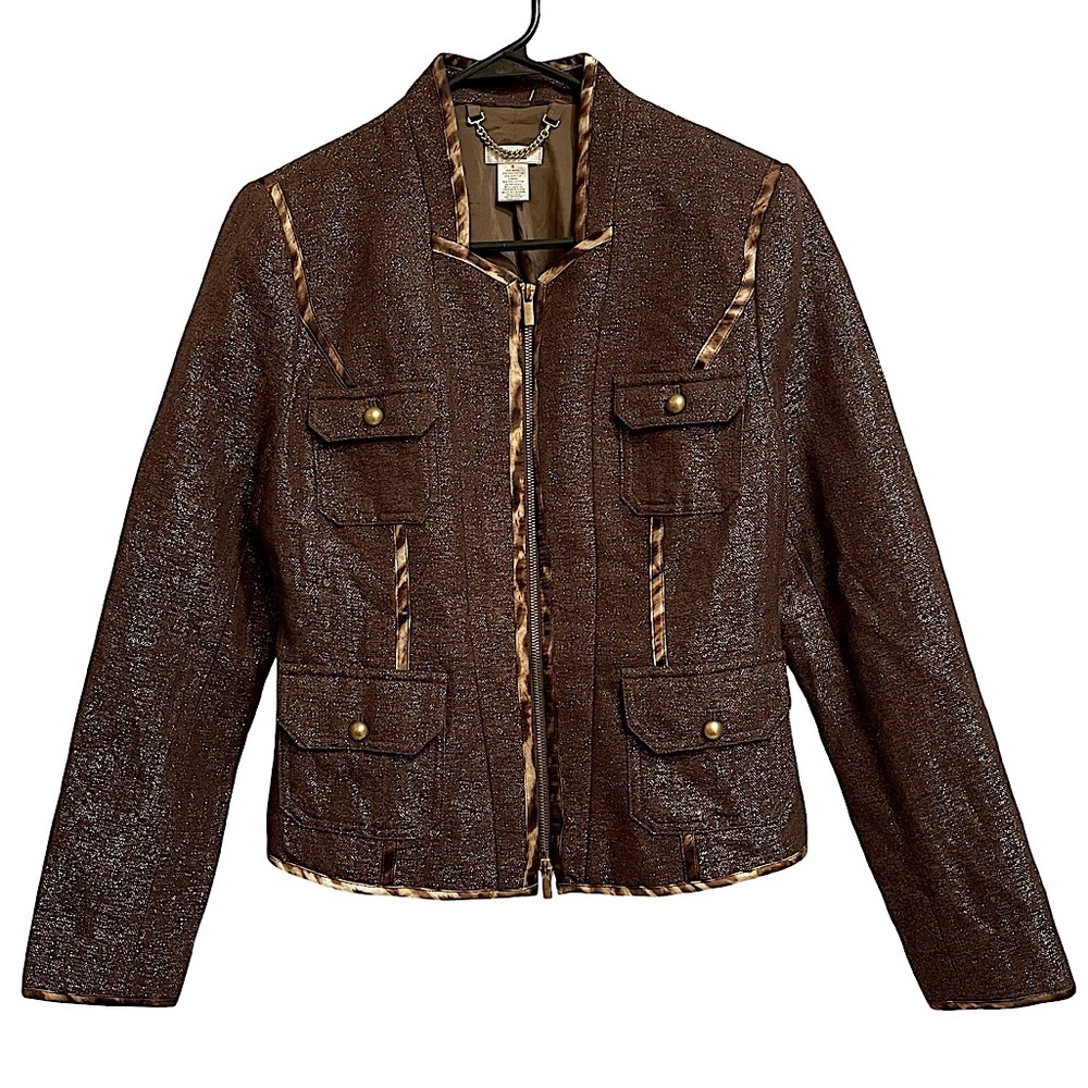 Cache Metallic Brown Zip Jacket Leopard Print Tri… - image 1